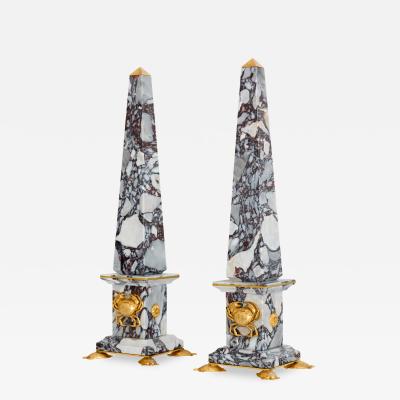 Lorenzo Ciompi Pair of Breccia Medicea Marble and Bronze Obelisks Crabs Limited Edition 2018