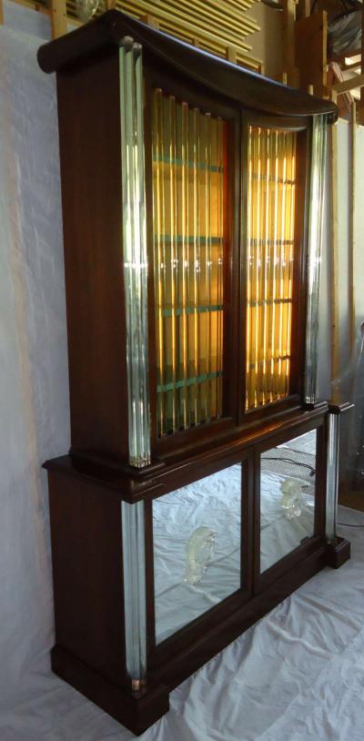 Lorin Jackson Grosfeld House Lorin Jackson Glass Caned Illuminated Mahogany Vitrine circa 1942