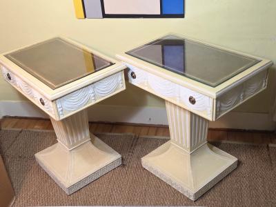 Lorin Jackson Lorin Jackson Grosfeld House Pair Carved Wood Consoles 1940s Leather Tops