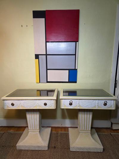 Lorin Jackson Lorin Jackson Grosfeld House Pair Carved Wood Consoles 1940s Leather Tops