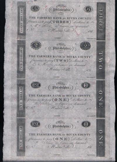 Lot 4 Uncut 1810s Farmer s Bank of Bucks County RARE SHEET 1 1 2 3 Philadelphia