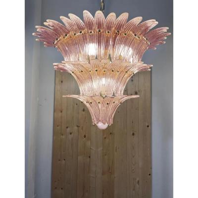 Lot of 2 Mid Century Modern Pink Palmette Murano Glass Chandeliers a Pair