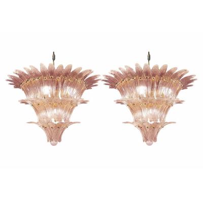 Lot of 2 Mid Century Modern Pink Palmette Murano Glass Chandeliers a Pair