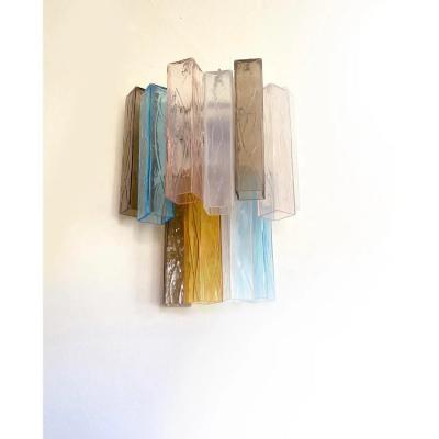 Lot of 4 Multicolored Squared Murano Style Glass Wall Sconces