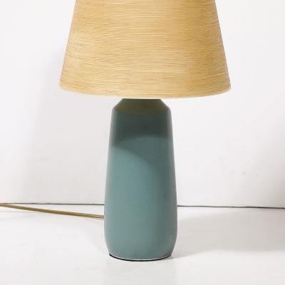 Lotte Gunnar Bostlund Mid Century Blue Ceramic Fiber Shaded Table Lamps by Lotte Gunnar Bostlund