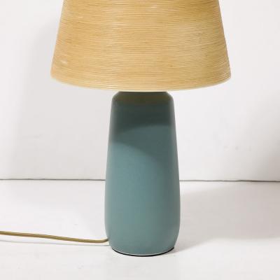 Lotte Gunnar Bostlund Mid Century Blue Ceramic Fiber Shaded Table Lamps by Lotte Gunnar Bostlund