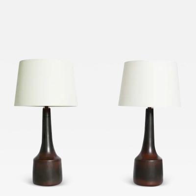 Lotte Gunnar Bostlund Pair Lotte Gunnar Bostlund Dark Green Chestnut Stoneware Table Lamps 1970s