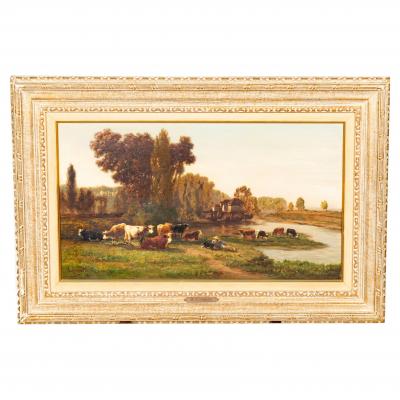 Louis Coignard Framed Oil on Panel Cows by Stream by Louis Coignard