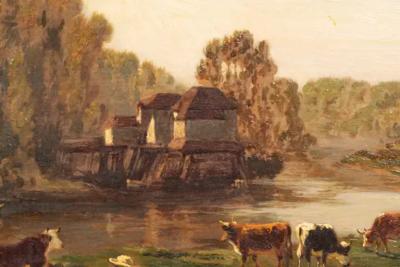 Louis Coignard Framed Oil on Panel Cows by Stream by Louis Coignard