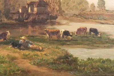 Louis Coignard Framed Oil on Panel Cows by Stream by Louis Coignard
