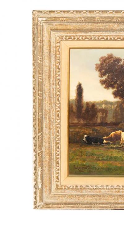 Louis Coignard Framed Oil on Panel Cows by Stream by Louis Coignard