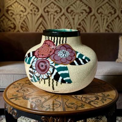 Louis Dage Louis Dage Art Deco Ceramic Vase with Stylized Floral Decoration