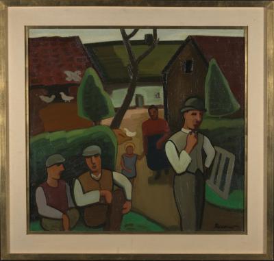 Louis Fran ois Decoeur Early 20th C Brabant Fauvism Farming Family on a Sunday Morning Oil on Canvas