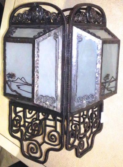 Louis Katona Katona forged iron and glass ceiling fixture