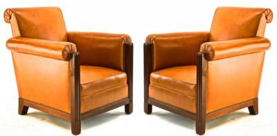Louis Majorelle Louis Majorelle pair of comfy Art Deco club chairs newly restored in leather