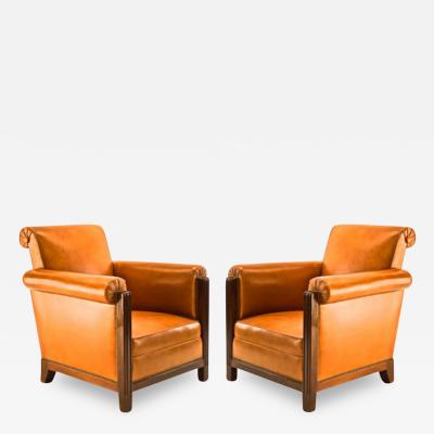 Louis Majorelle Louis Majorelle pair of comfy Art Deco club chairs newly restored in leather