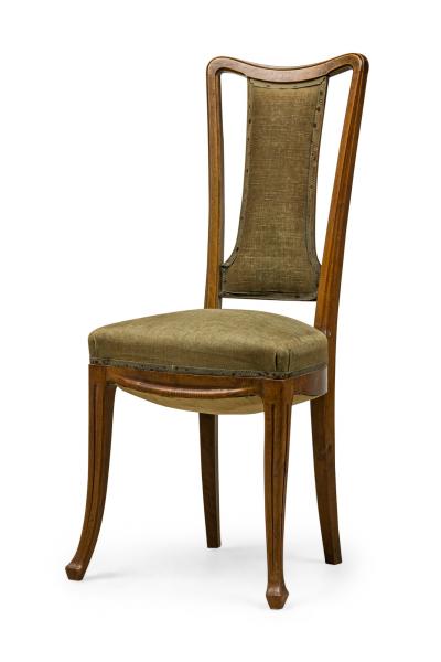 Louis Majorelle Set of 8 Louis Majorelle Carved Walnut and Sage Green Muslin Side Chairs