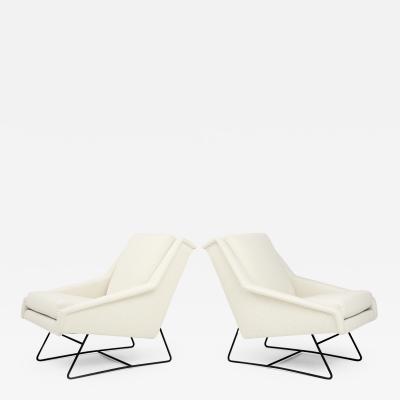 Louis Paolozzi White Faux Leather and Iron Lounge Chairs, Mid