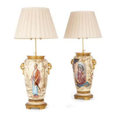 Louis Pierre Malpass Pair of French antique Japonisme glazed ceramic and ormolu mounted lamps