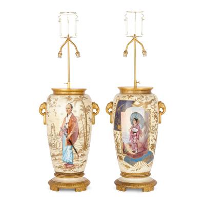 Louis Pierre Malpass Pair of French antique Japonisme glazed ceramic and ormolu mounted lamps