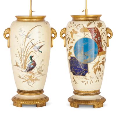 Louis Pierre Malpass Pair of French antique Japonisme glazed ceramic and ormolu mounted lamps