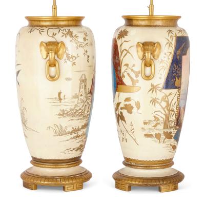 Louis Pierre Malpass Pair of French antique Japonisme glazed ceramic and ormolu mounted lamps