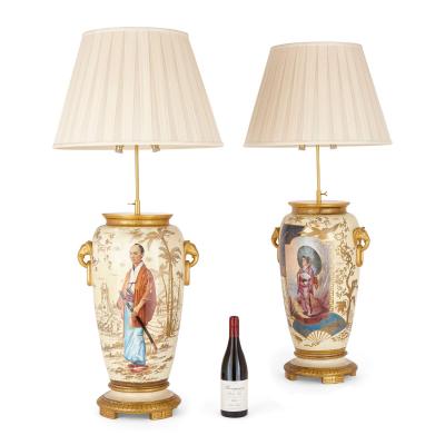 Louis Pierre Malpass Pair of French antique Japonisme glazed ceramic and ormolu mounted lamps