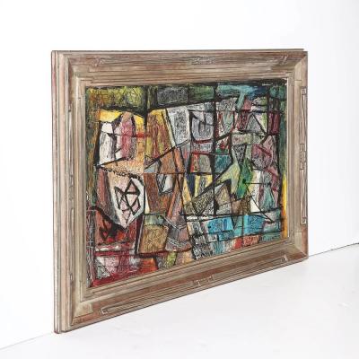 Louis Schanker Mid Century Abstract Textural Composition in Oil on Canvas Painting by Schanker