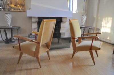 Louis Sognot Louis Sognot Awesome Rare Set of 4 Lounge Chairs with Red Lacquered Wrought Iron