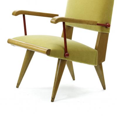 Louis Sognot Louis Sognot set of 4 witty lounge chair with red lacquered iron hardware