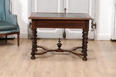 Louis XIII Period 1630s Carved Walnut Barley Twist Table with Black Painted Top