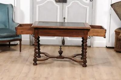 Louis XIII Period 1630s Carved Walnut Barley Twist Table with Black Painted Top