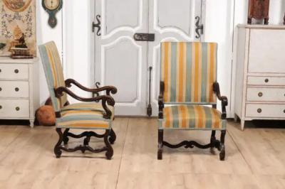 Louis XIII Style 19th Century French Os de Mouton Walnut Armchairs a Pair