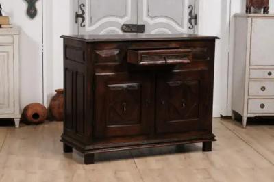 Louis XIII Style French 19th Century Walnut Buffet with Carved Diamond Motifs