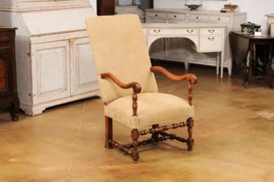 Louis XIII Style Walnut French Fauteuil with Scrolling Arms and Turned Base
