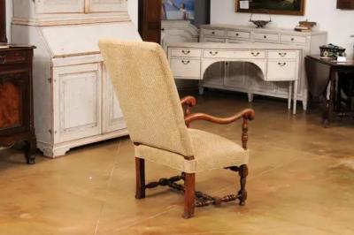 Louis XIII Style Walnut French Fauteuil with Scrolling Arms and Turned Base