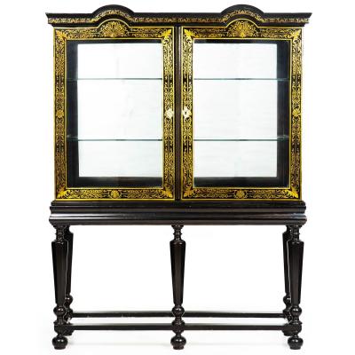 Louis XIV Antique Ebonized Brass Inlaid Display Cabinet Bookcase Vitrine