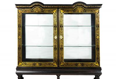 Louis XIV Antique Ebonized Brass Inlaid Display Cabinet Bookcase Vitrine