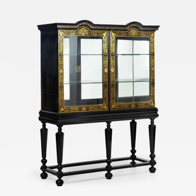 Louis XIV Antique Ebonized Brass Inlaid Display Cabinet Bookcase Vitrine