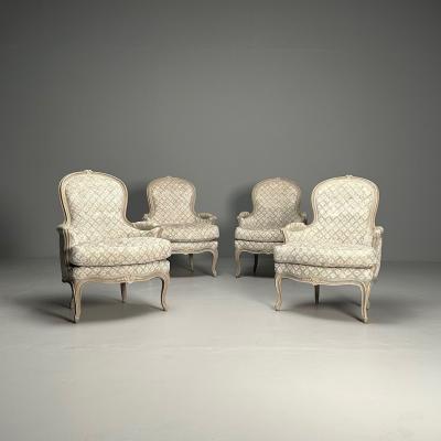 Louis XV Style Berg re Chairs Grey Painted Wood Fabric France 1970s