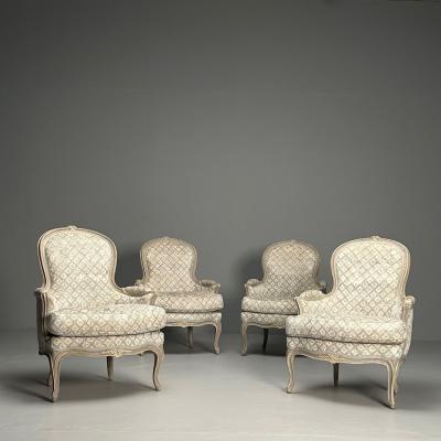 Louis XV Style Berg re Chairs Grey Painted Wood Fabric France 1970s
