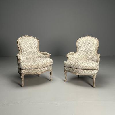 Louis XV Style Berg re Chairs Grey Painted Wood Fabric France 1970s