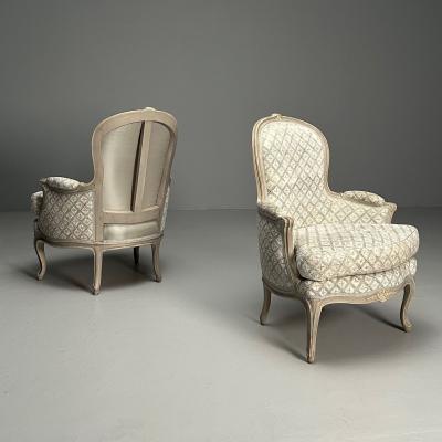 Louis XV Style Berg re Chairs Grey Painted Wood Fabric France 1970s