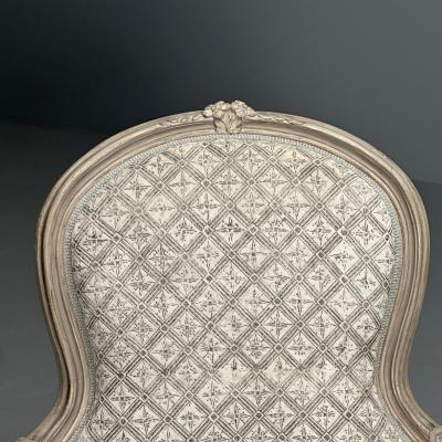 Louis XV Style Berg re Chairs Grey Painted Wood Fabric France 1970s