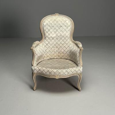 Louis XV Style Berg re Chairs Grey Painted Wood Fabric France 1970s