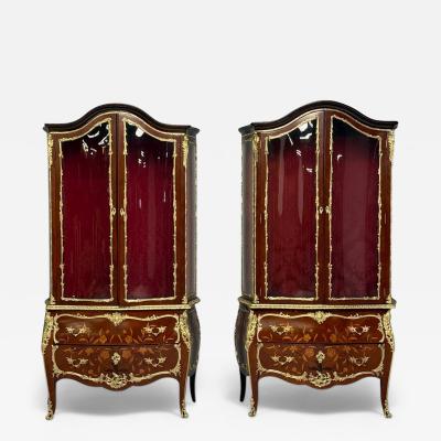 Louis XV Style Bombe Vitrines Ormolu Bronze Inlaid Marquetry France 19th