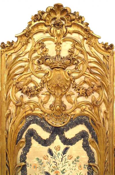 Louis XV Style Carved Gilt 3 Fold Screen with Embroidered Silk Panels