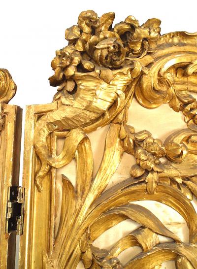 Louis XV Style Carved Gilt 3 Fold Screen with Embroidered Silk Panels