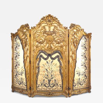 Louis XV Style Carved Gilt 3 Fold Screen with Embroidered Silk Panels