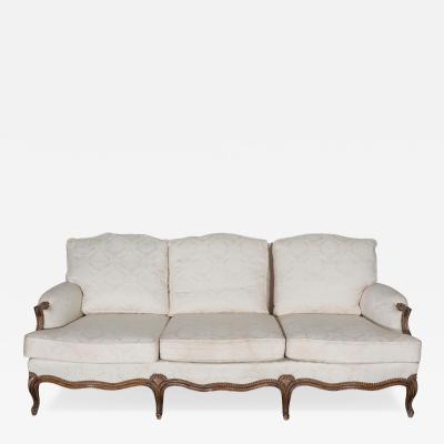 Louis XV Style Carved Walnut Sofa with Cream Damask Upholstery